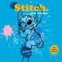 Text: „Stitch. 2027 Calendar“, „ALWAYS FULL OF mischief“, „16 Month Calendar“. Mischievous Figur vor bunten Spritzern.