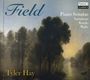 „Field“, „Piano Sonatas“, „Variations“, „Rondo“, „Waltz“, „Tyler Hay“. Ein Gemälde eines ruhigen Flusses bei Sonnenuntergang.
