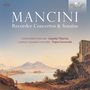 Text: "MANCINI Recorder Concertos & Sonatas. Corina Marti, Lorenzo Cavasanti. Landschaftsgemälde mit Fluss und Gebäuden."
