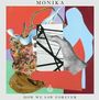 "MONIKA" oben, "HOW WE SAW FOREVER" unten. Abstrakte Collage mit Hand, Formen und bunten Elementen.