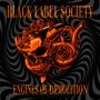 "BLACK LABEL SOCIETY" und "ENGINES OF DEMOLITION" in orange. Schädel mit mechanischen Teilen und dynamischem Spiralmuster.