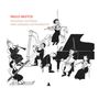 Titel: "PEQUENAS HISTÓRIAS PARA GRANDES INSTRUMENTOS". Illustration einer spielenden Band mit Klavier, Cello und Harfe.
