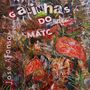 Bunte, wilde Illustration mit Texten: "galinhas do mato" und "José Afonso". Rot-orange Vögel im dichten farbigen Hintergrund.
