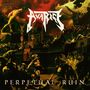 "Avarice" in kantiger Schrift oben; "Perpetual Ruin" unten. Szenen eines chaotischen, antiken Kampfes darunter.