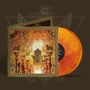Text „Melechesh Enki“. Ornate Albumcover mit mythischen Figuren, Handmotiv und orangefarbener Schallplatte.