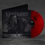 „Ominous“ und „by Lake of Tears“. Zwei düstere, geisterhafte Gestalten und eine Person, auf roter Vinylplatte.