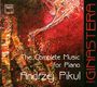 Texte: "The Complete Music for Piano Andrzej Pikul" und "GINASTERA". Kunstvolle, abstrakte Illustration in Rot- und Brauntönen.