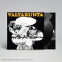 VALTAKUNTA in gelben Buchstaben oben. Schwarz-weiße, komplexe Zeichnung voller abstrakter Formen und Muster.