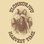 Text "ELONKORJUU" oben, "HARVEST TIME" unten, zeigt fünf Männer in sepia. Vintage-Foto mit lockeren langen Haaren.