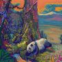 Ich sehe keinen Text. Bunte Illustration eines Pandas in einer lebhaften, farbenfrohen Waldlandschaft bei Sonnenuntergang.