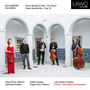 "Schubert Dvořák", fünf Musiker mit klassischen Instrumenten in einem Arkadenhof, Logo oben rechts.