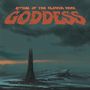 Text: "Ritual of the Cloven Hoof" und "Goddess." Eine düstere Landschaft, dunkler Turm, umgeben von einem stürmischen Himmel.