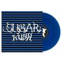 Text: "Sugar Rush". Hintergrund: Blau-schwarz gestreift. Vinyl rechts in Blau mit einem zentralen dunklen Etikett.