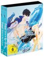 "Free! Dive to the Future Vol.1 und Vol.2" auf einem Verpackungscover. Animierter Schwimmer mit dunklem Haar und Wellen. FSK 6.