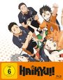 Text: "FSK ab 6 freigegeben", "Haikyu!!", "Blu-ray Disc". Illustration von jubelnden Volleyballspielern in Sportkleidung.