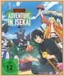 „A Gatherer's Adventure in Isekai“. Illustration mit fröhlichen Charakteren in fantasievoller Umgebung.