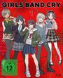 Oben steht "GIRLS BAND CRY", darunter die Zahl "1". Fünf stilisierte, farbenfrohe Anime-Mädchen in moderner Kleidung.