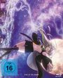 "Call of The Night", FSK 16 blau. Anime-Figur schwebt vor funkelndem Nachthimmel und Vollmond. Stadtansicht am Rand.