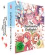 „The Quintessential Quintuplets 2“, FSK 12. Illustration von fünf fröhlichen Mädchen in Schuluniformen, Rosenblüten verstreut.