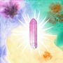 Ein pinker Kristall strahlt in der Mitte vor einem bunten, aquarellierten Hintergrund in Pastelltönen.
