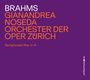 Brahms, Gianandrea Noseda, Orchester der Oper Zürich. Symphonies Nos. 1–4. Lila Hintergrund, orange und weiße Schrift.
