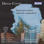 "Diego Conti", "Musica per violino, clarinetto e pianoforte", Illustration von Bäumen und Tor, blau-schwarzer Hintergrund.