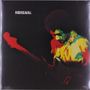 Text: "HENDRIX". Farbintensives Bild von einem Mann mit Gitarre, in Rot und Gelb hervorgehoben vor schwarzem Hintergrund.