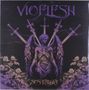 Text: "VIOFLESH" und "NOSTALGIA". Eine dunkle Illustration mit einem skelettartigen Engel, drei Schwertern und Rosen.