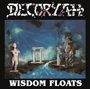 DECOMYTH, WISDOM FLOATS in großen Buchstaben, klassische Statuen vor blauem Hintergrund und Säulen.