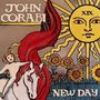 "JOHN CORABI" und "NEW DAY", Illustration: Sonne mit Gesicht, Sonnenblumen, Pferd mit Reiter, rote Mähne.