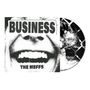 Texte: "BUSINESS", "THE MEFFS". Schwarz-weißes Design mit einem lachenden Gesicht und einem CD-Muster rechts.