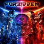 Der Text "FORBIDDEN" steht oben. Eine Illustration zeigt blaue und rote Fantasiefiguren um einen Schädel mit einem Auge.