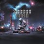 "SHOGUN MOJO" in hellem Stil, futuristische Stadt mit neonbeleuchteten Elementen, Person mit Gitarre und Samurai-Schwert.