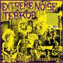 "EXTREME NOISE TERROR", "A Holocaust in Your Head". Gelbe und lila Farben, aggressive Zeichnung von Musikern auf einer Bühne.