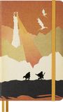 Illustration: Zwei Figuren in schwarzen Silhouetten laufen. Ein Turm strahlt ein Auge nach oben, über ihm fliegen zwei Drachen.