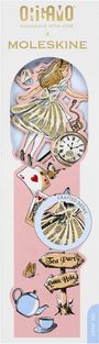 "ORIGAMI HANDMADE WITH LOVE x MOLESKINE. Tea Party, Rabbit Hole. Illustration mit Mädchen und Uhr, Karten und Teekanne."