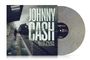 Text: Johnny Cash, Blue Train to Folsom. Cover zeigt einen Mann auf einem Bahnsteig mit einem einfahrenden Zug. Schallplatte daneben.