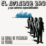 „El Aviador Dro y sus obreros especializados“ oben, „La chica de plexiglás“ und „La visión“ unten. Illustrationen von Arbeitern und einer Lokomotive.