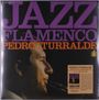 Große lila Schrift: "JAZZ FLAMENCO". Darunter in Orange: "PEDRO ITURRALDE". Profil eines Mannes mit Saxophon.
