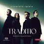 „Cuarteto Iberia“, „Traditio“, „Boccherini, Mozart & Flecha“. Vier Personen, in dunkler Kleidung, schauen ernst.