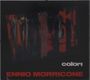 Texte: "colori", "ENNIO MORRICONE". Abstrakte Kunst mit dunklen, roten und schwarzen Formen und Pinselstrichen.