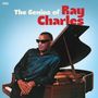 "The Genius of Ray Charles" in weiß und rot. Ein Mann mit Sonnenbrille lehnt lässig an einem Flügel.