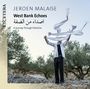Texte: "Jeroen Malaise", "West Bank Echoes", "A Journey Through Palestine".  
Ein Mann in Landschaft mit wehenden Tüchern.