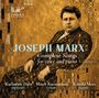 Text: JOSEPH MARX, Complete Songs for voice and piano Volume 1. Namen: Katharine Dain, Mitch Raemaekers, Reinild Mees. Illustration zeigt einen Mann in gemustertem Anzug vor goldenem Hintergrund.
