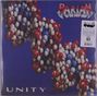 "UNITY" unten, "PARIAH" oben in Metallschrift. Molekülmodell mit blauen, roten und weißen Kugeln auf blauem Hintergrund.