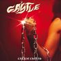 "CASTLE" oben, "CARRIE CHAINS" unten. Eine Hand hält glänzende Ketten, roter Hintergrund.