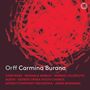 „Orff Carmina Burana“ in großen Buchstaben. Darunter Namen von Künstlern und Orchestern. Rotes, wirres Muster auf dunklem Hintergrund.