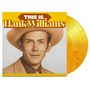 Text: "THIS IS... Hank Williams". Ein Porträt eines Mannes mit Hut, begleitet von einer gelben Schallplatte.