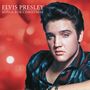 Oben links: "Elvis Presley - Songs for Christmas". Ein Mann mit dunklem Haar vor rotem Hintergrund.