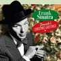 Text: "Frank Sinatra Frank's Christmas Greetings." Schwarz-Weiß-Foto eines Mannes mit Hut und Fliege vor einem Weihnachtsbaum.